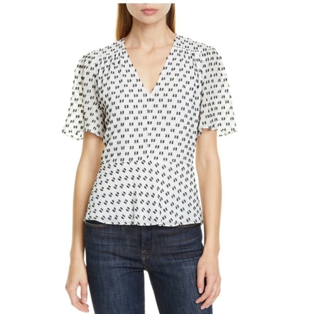 Lewit Clipped Dot Blouse Size M White Black Silk Cotton Crepe Flutter Sleeve Top